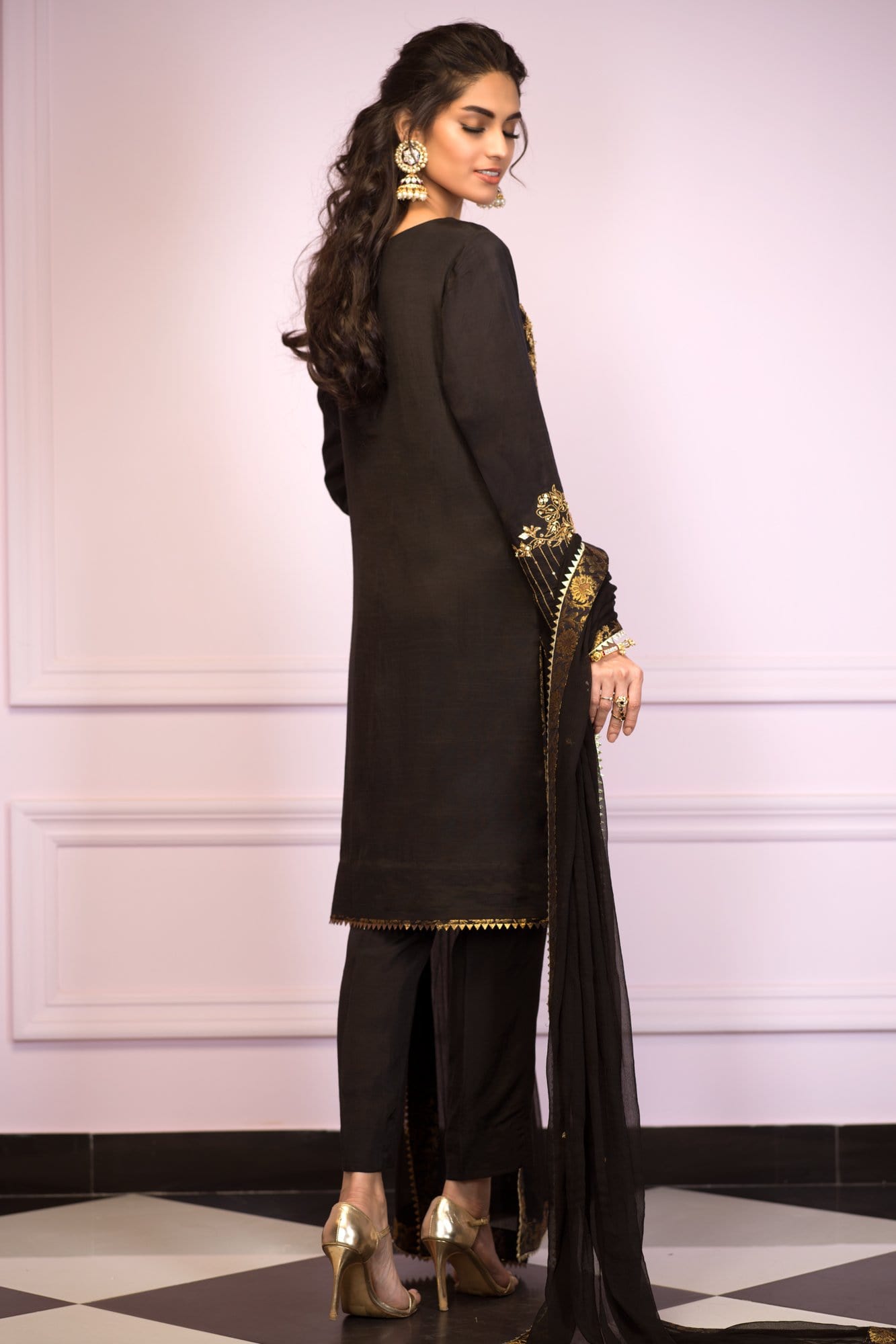 Pakistani Black Aari Zardozi Raw Silk Salwar Kameez (3-Piece) - Image 3