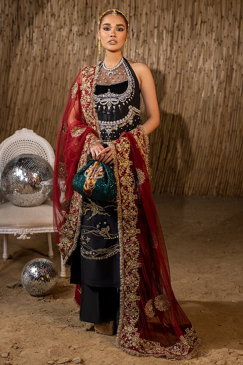 Black Adda Work Raw Silk Halter Neck Salwar Kameez (3-Piece) - Image 2