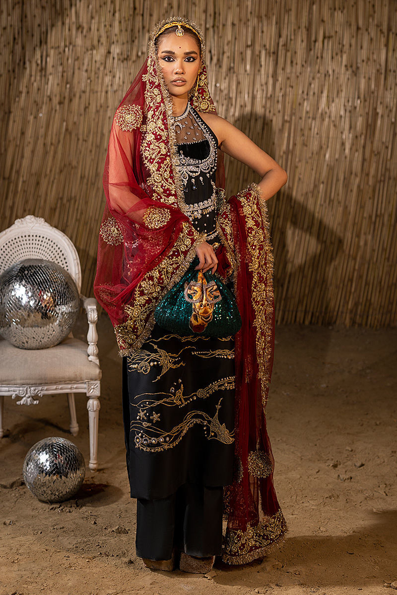 Pakistani Black Adda Work Raw Silk Halter-Neck Kameez (3-Piece) - Image 4