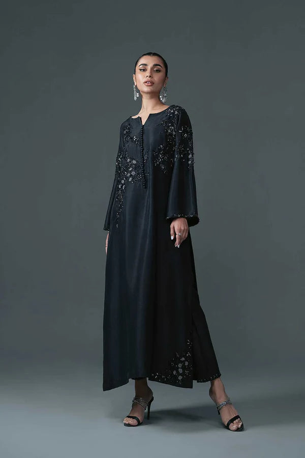 Black Hand-Embellished Pure Raw Silk Kameez (2-Piece) - Image 1