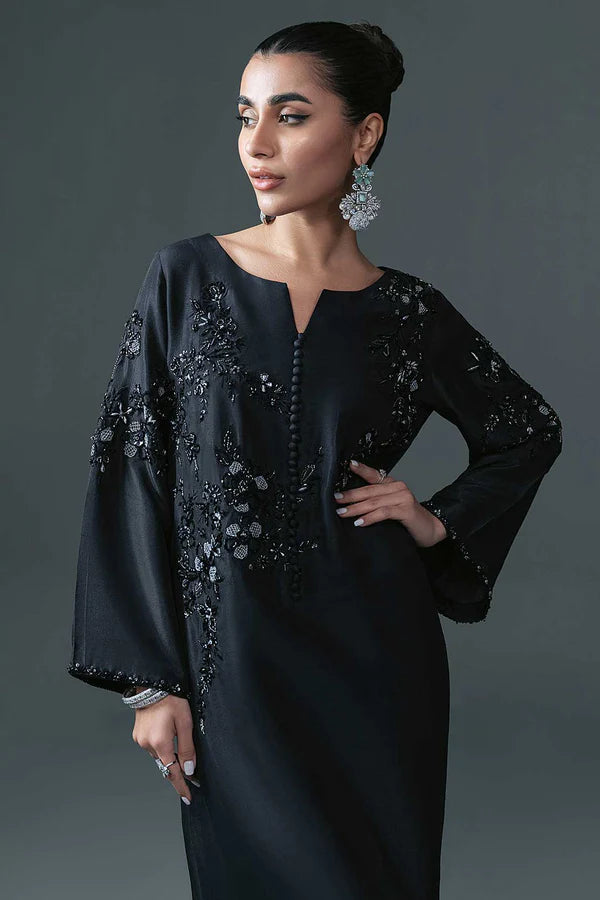 Black Hand-Embellished Pure Raw Silk Kameez (2-Piece) - Image 3