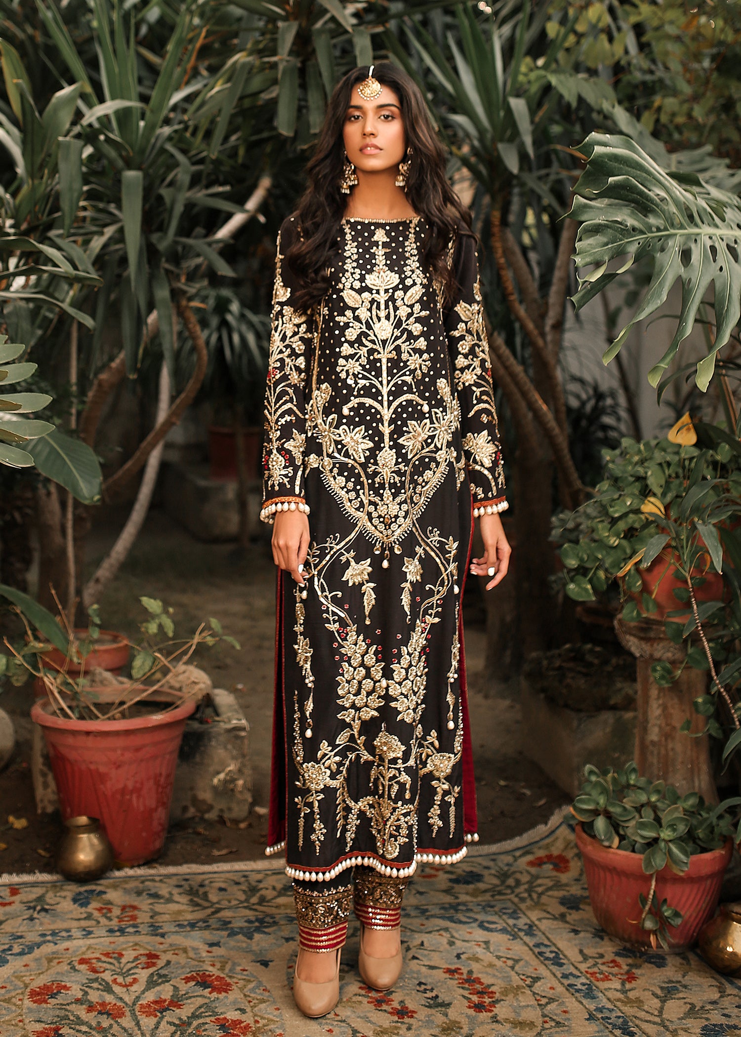 Black Embroidered Raw Silk Salwar Kameez (3-Piece) - Image 1