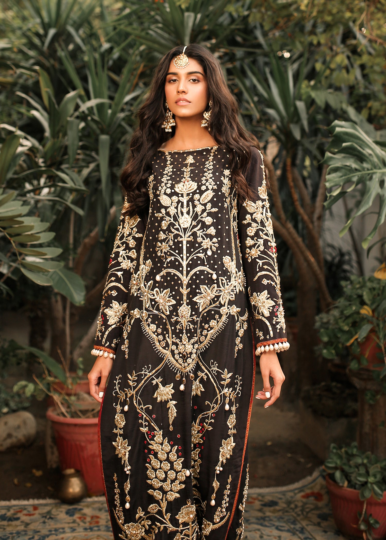 Black Embroidered Raw Silk Salwar Kameez (3-Piece) - Image 2
