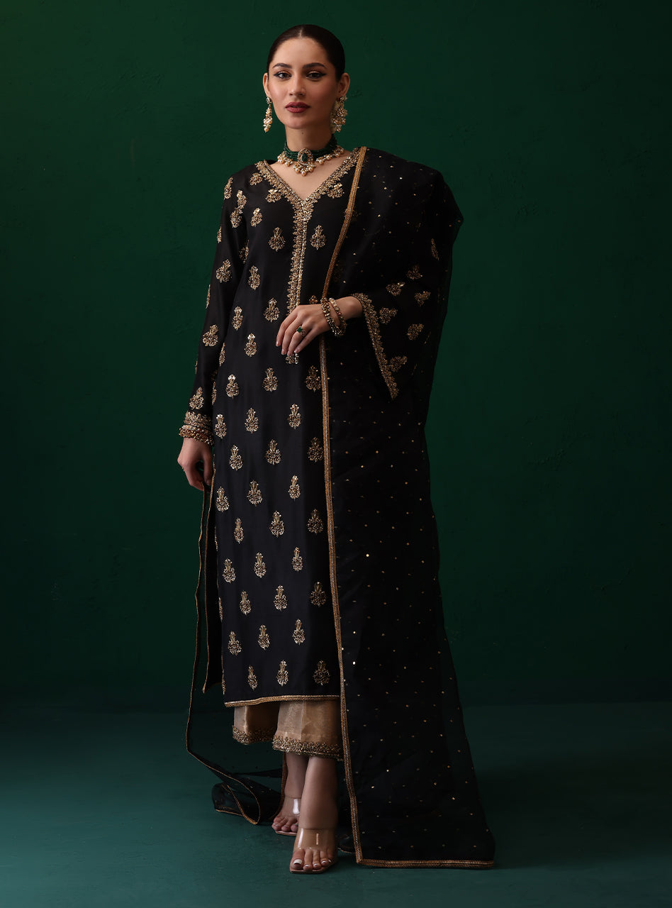 Pakistani Black Embroidered Raw Silk & Organza Salwar Kameez (3-Piece) - Image 1