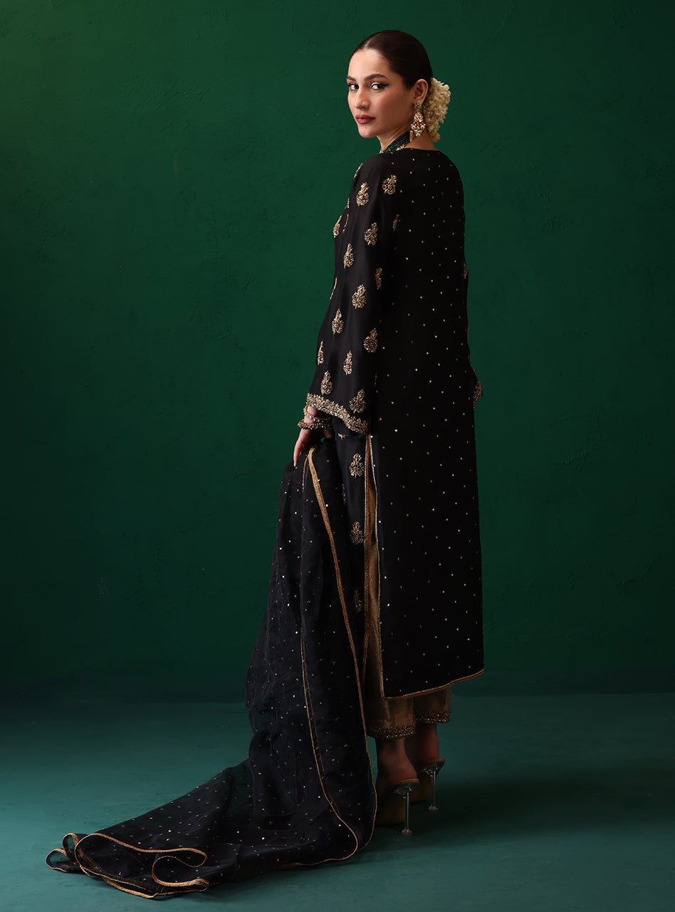 Pakistani Black Embroidered Raw Silk & Organza Salwar Kameez (3-Piece) - Image 2