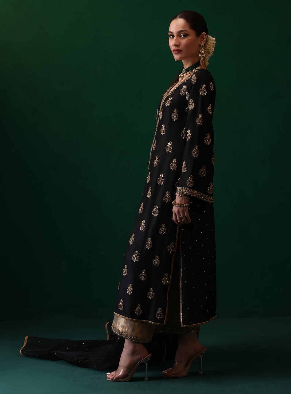 Pakistani Black Embroidered Raw Silk & Organza Salwar Kameez (3-Piece) - Image 3