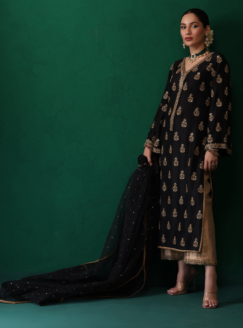 Pakistani Black Embroidered Raw Silk & Organza Salwar Kameez (3-Piece) - Image 7