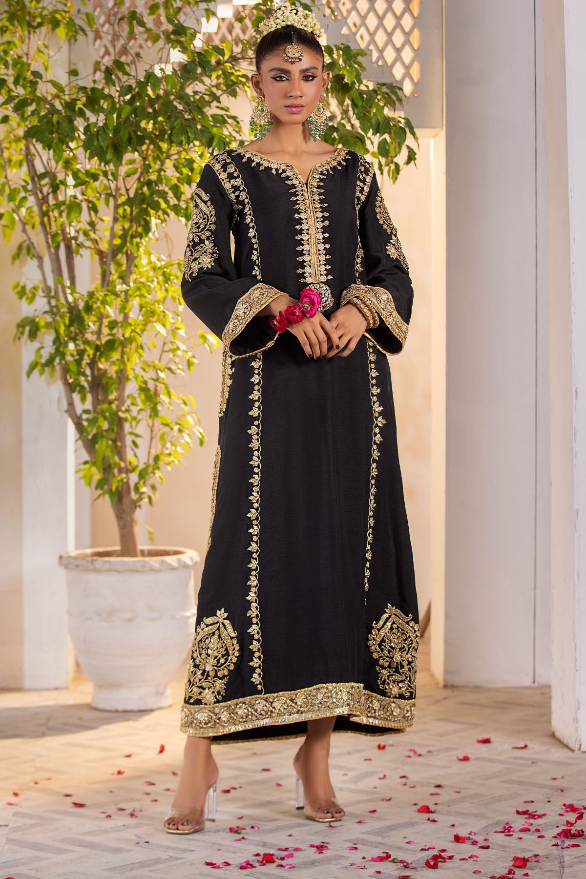 Black Gota Embroidered Raw Silk A-Line Shirt (2-Piece) - Image 1