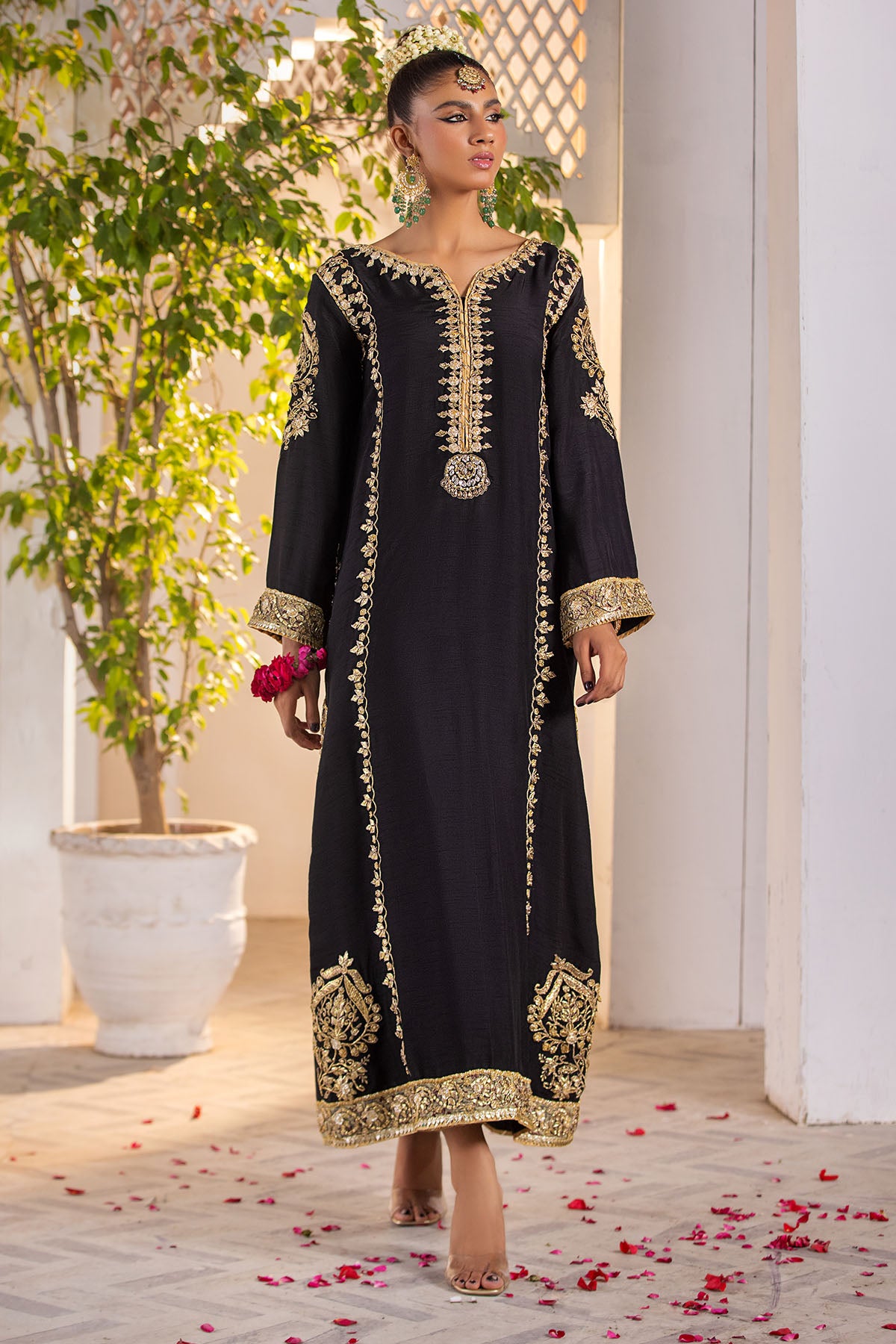 Black Gota Embroidered Raw Silk A-Line Shirt (2-Piece) - Image 2