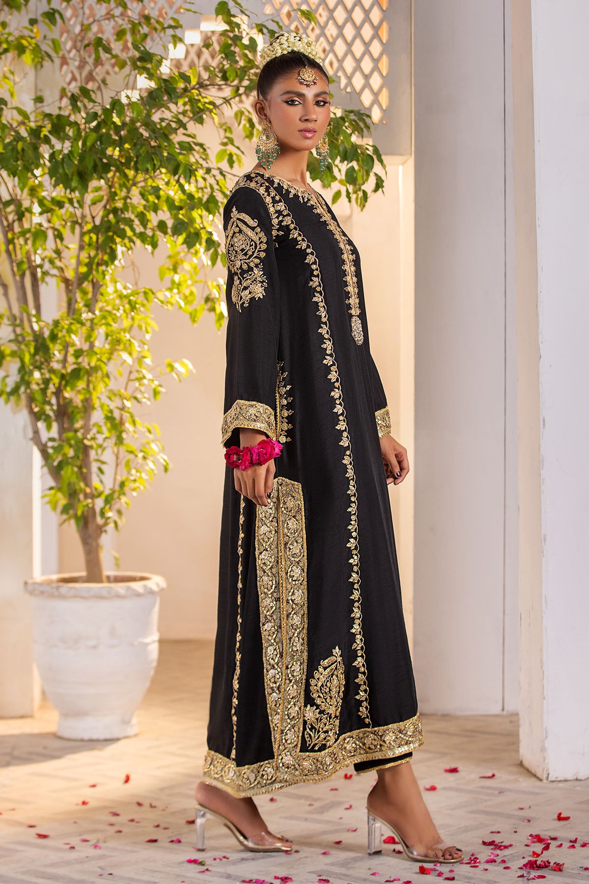 Black Gota Embroidered Raw Silk A-Line Shirt (2-Piece) - Image 3