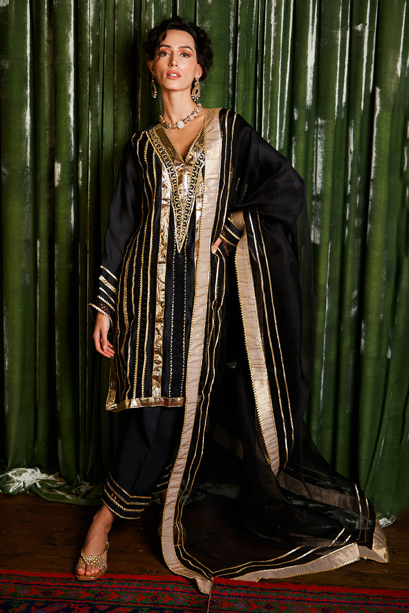 Black Gota Embroidered Jacquard Raw Silk Salwar Kameez (3-Piece) - Image 1