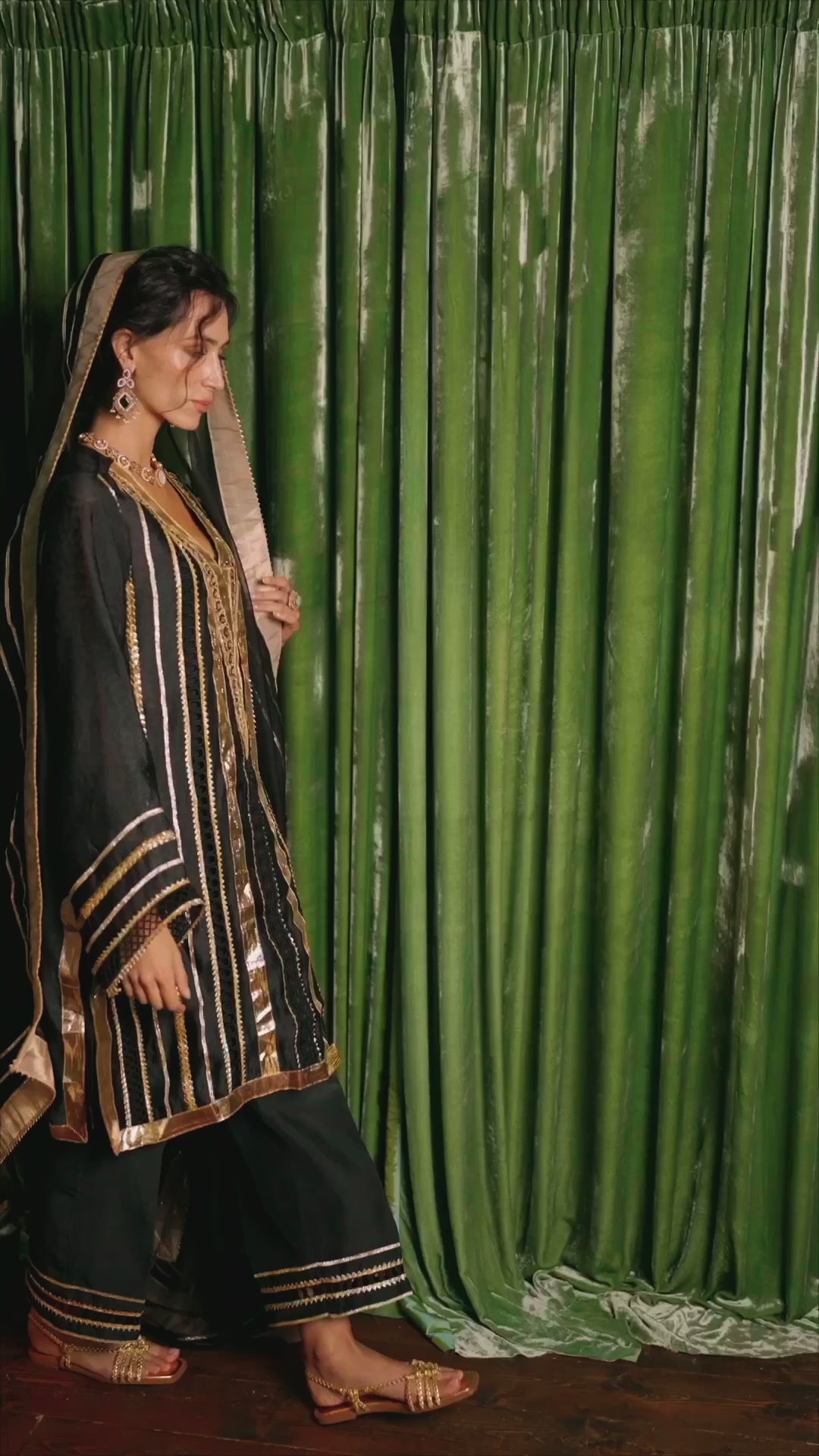 Black Gota Embroidered Jacquard Raw Silk Salwar Kameez (3-Piece) - Image 11