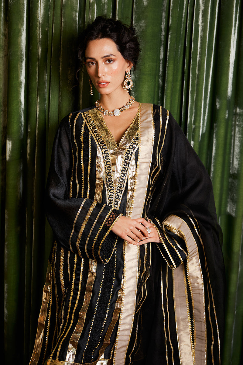 Black Gota Embroidered Jacquard Raw Silk Salwar Kameez (3-Piece) - Image 2