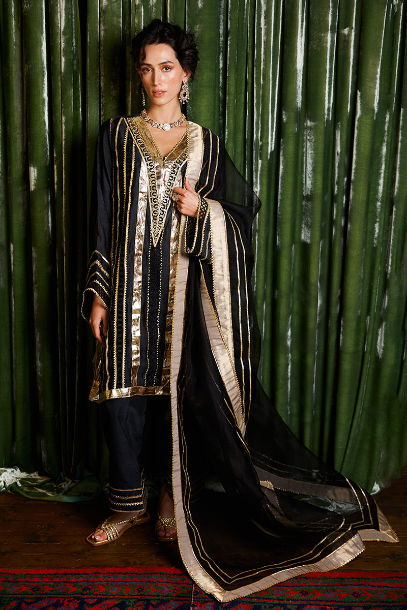 Black Gota Embroidered Jacquard Raw Silk Salwar Kameez (3-Piece) - Image 3