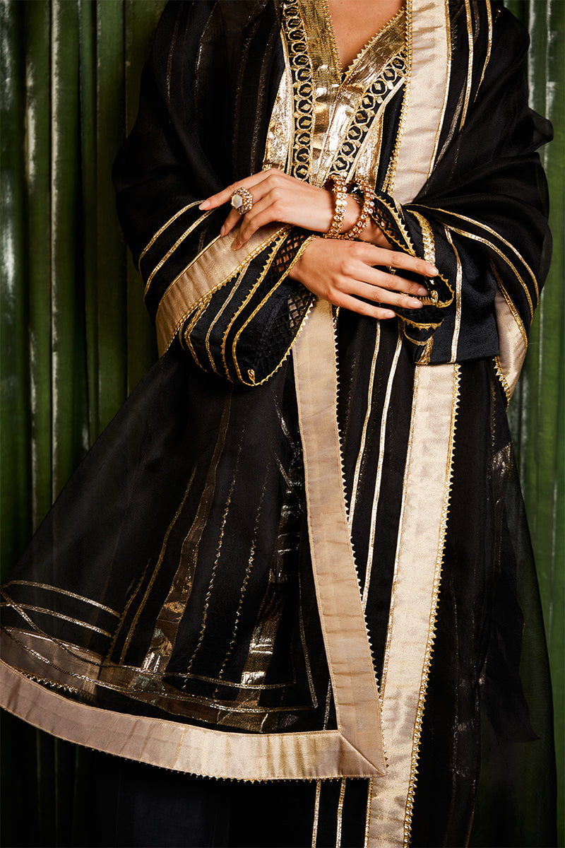 Black Gota Embroidered Jacquard Raw Silk Salwar Kameez (3-Piece) - Image 4