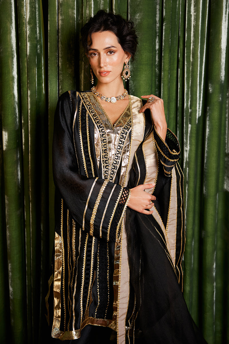 Black Gota Embroidered Jacquard Raw Silk Salwar Kameez (3-Piece) - Image 8