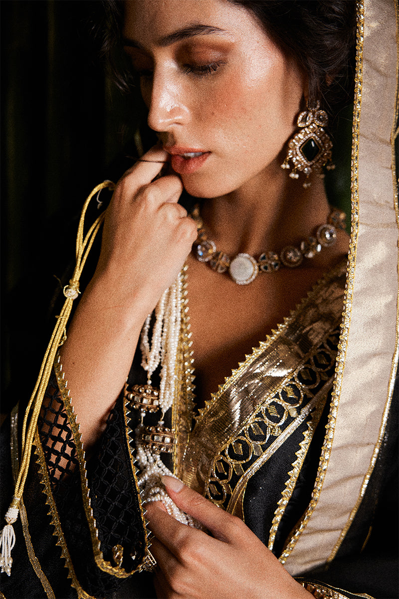 Black Gota Embroidered Jacquard Raw Silk Salwar Kameez (3-Piece) - Image 9