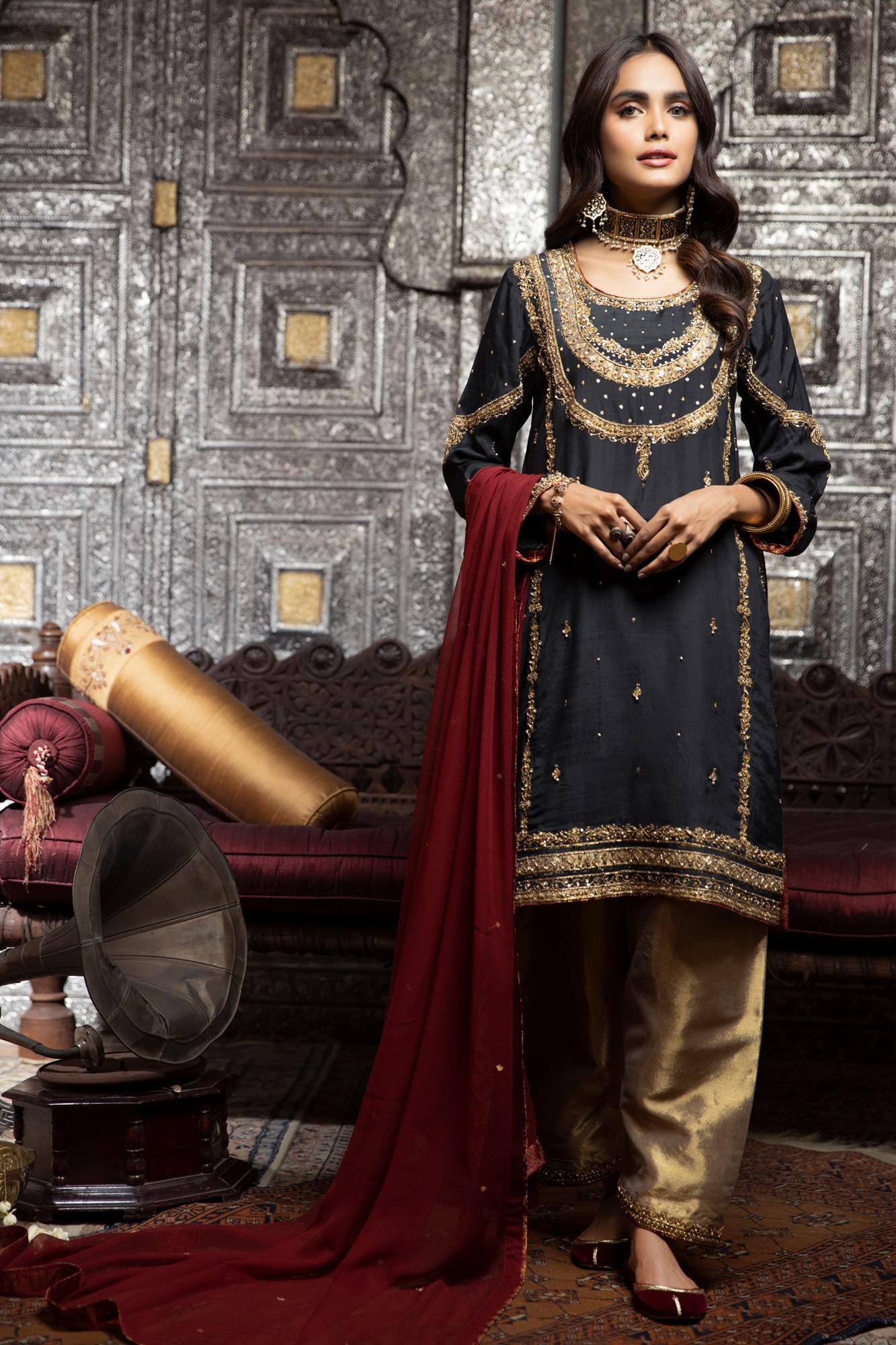 Black Gota Zari PK Raw Silk A-Line Salwar Kameez (3-Piece) - Image 3