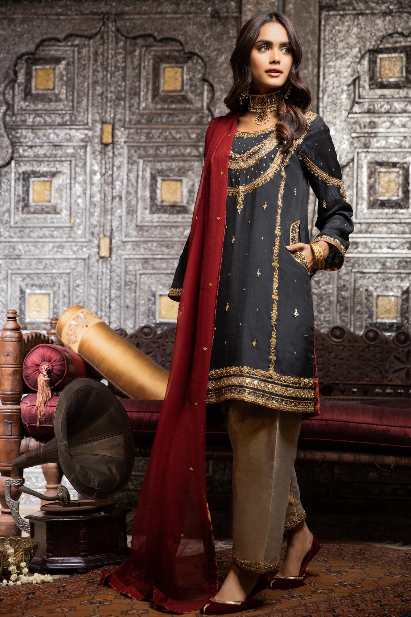 Black Gota Zari PK Raw Silk A-Line Salwar Kameez (3-Piece) - Image 4