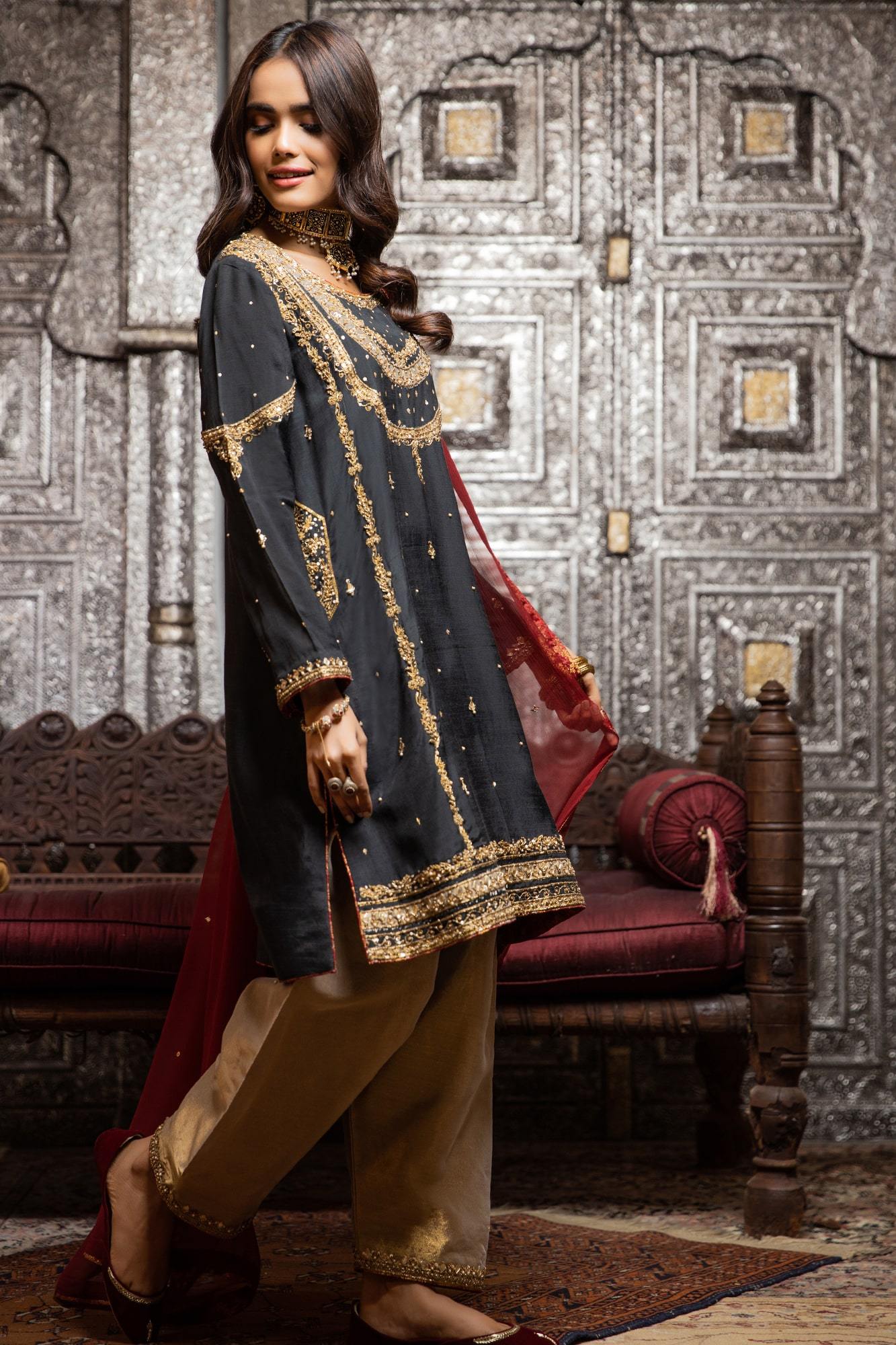 Black Gota Zari PK Raw Silk A-Line Salwar Kameez (3-Piece) - Image 5