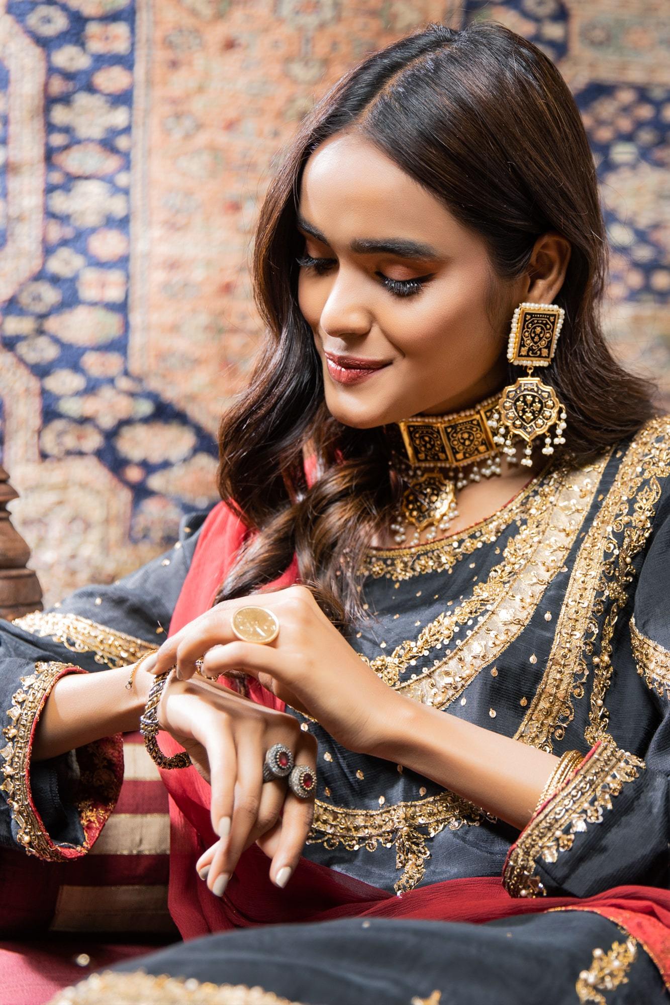 Black Gota Zari Raw Silk Salwar Kameez (3-Piece) - Image 1