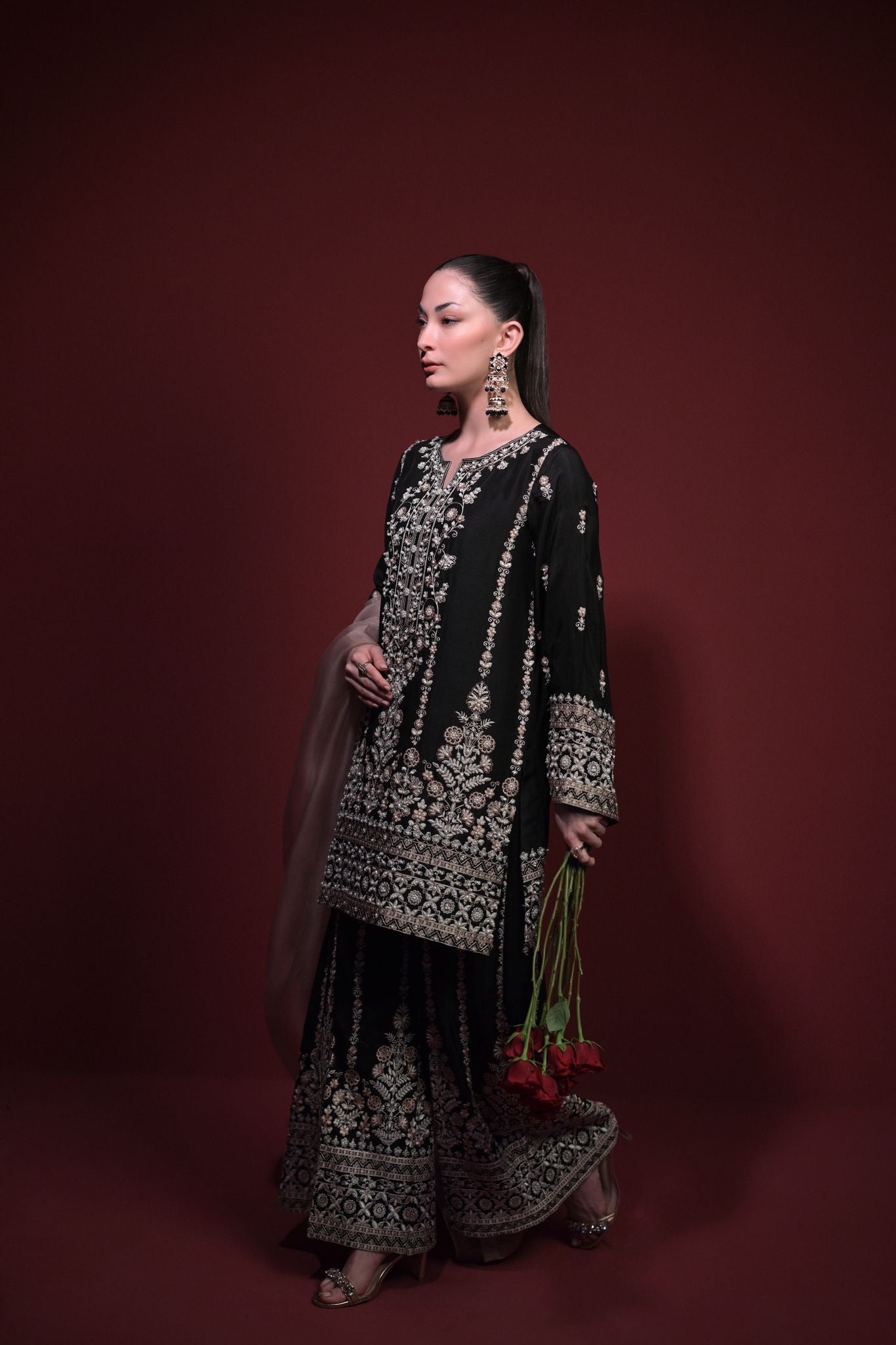 Pakistani Black Embroidered Raw Silk Salwar Kameez (3-Piece) - Image 2