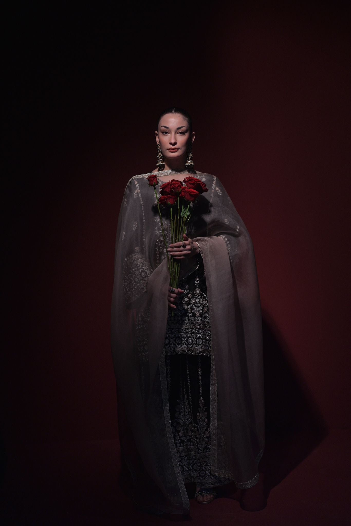 Pakistani Black Embroidered Raw Silk Salwar Kameez (3-Piece) - Image 3