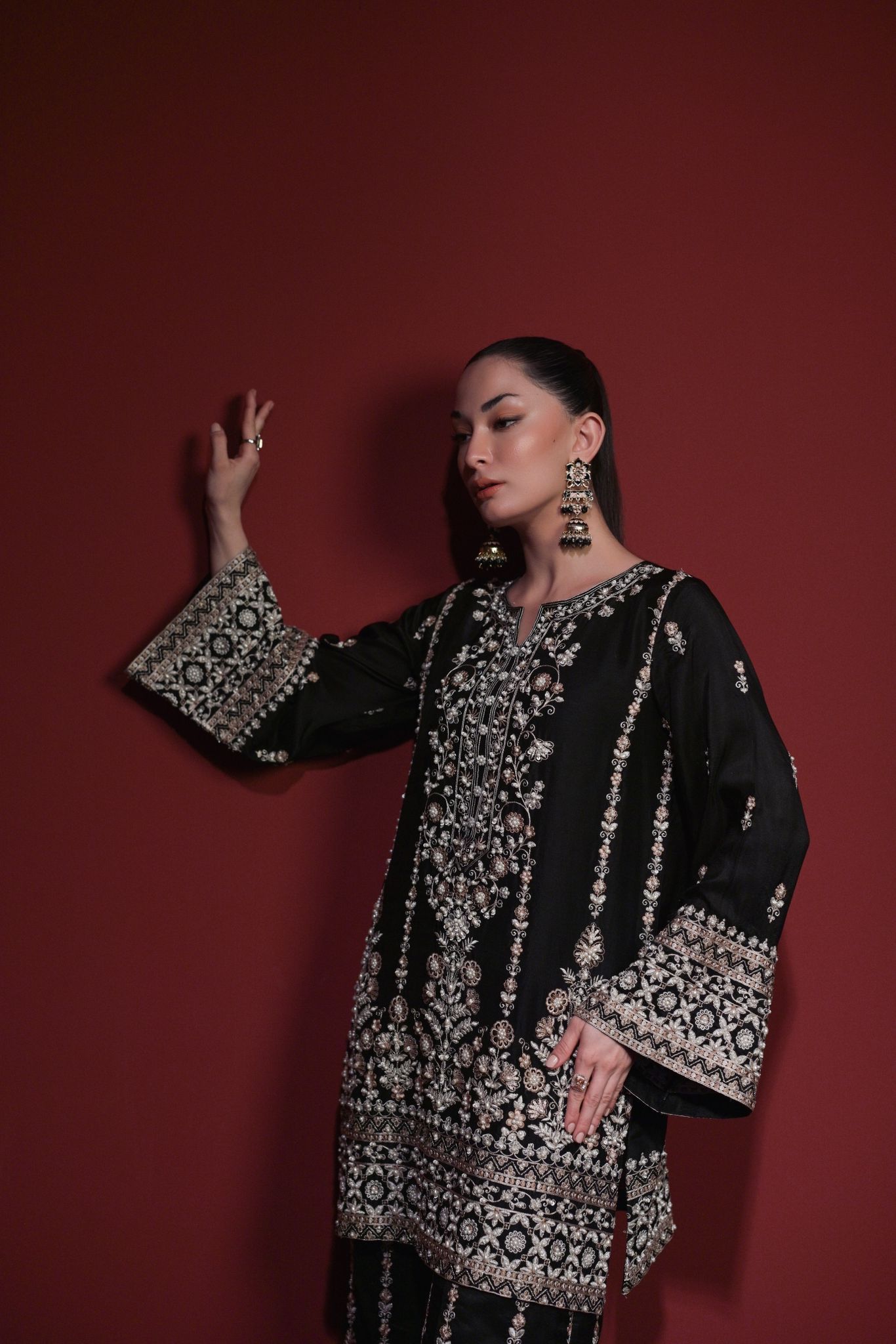 Pakistani Black Embroidered Raw Silk Salwar Kameez (3-Piece) - Image 4