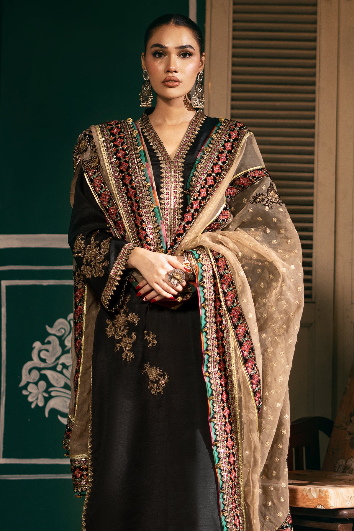 Black Embroidered Raw Silk Salwar Kameez (3-Piece) - Image 4