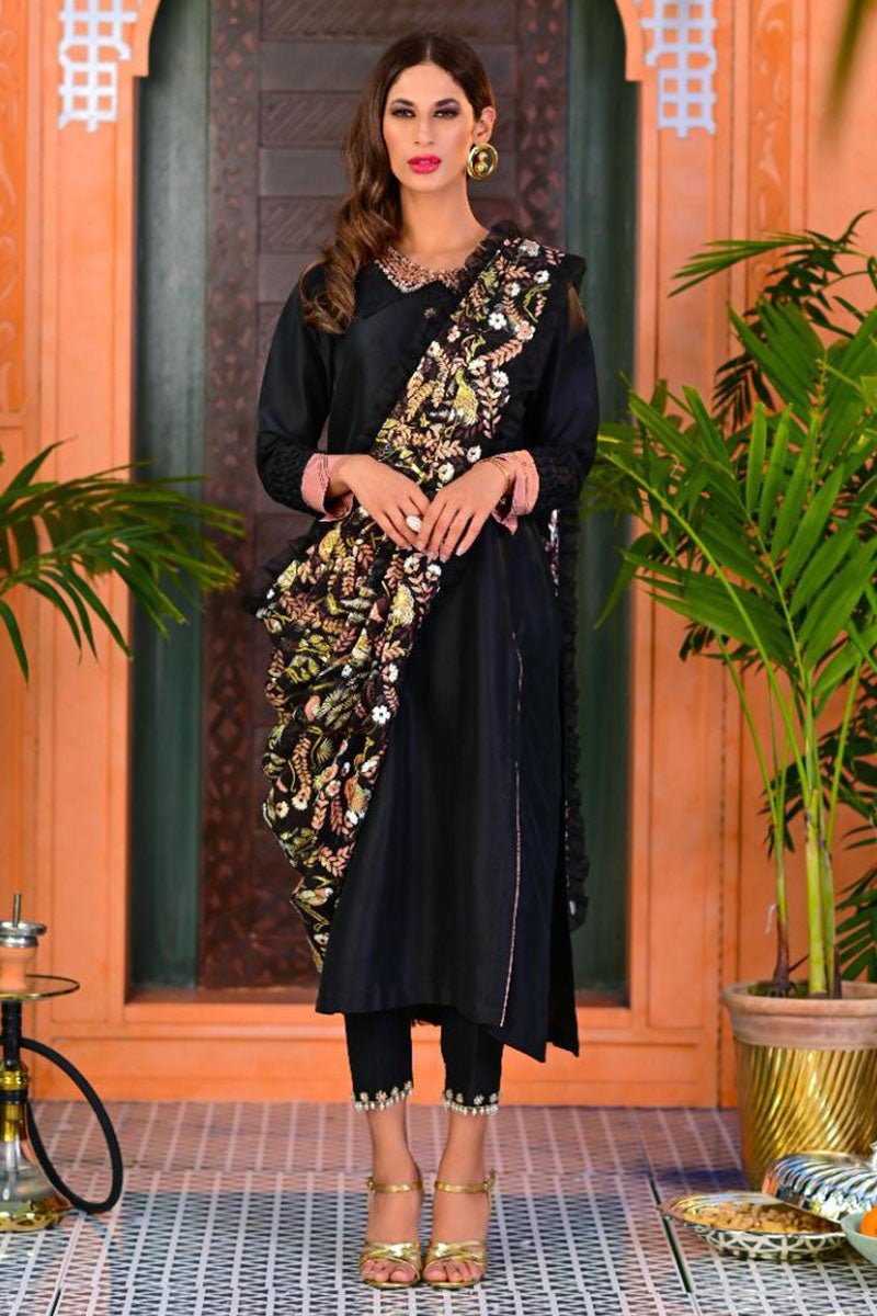 Pakistani Black Screen & Foil Printed Raw Silk Salwar Kameez (3-Piece) - Image 1