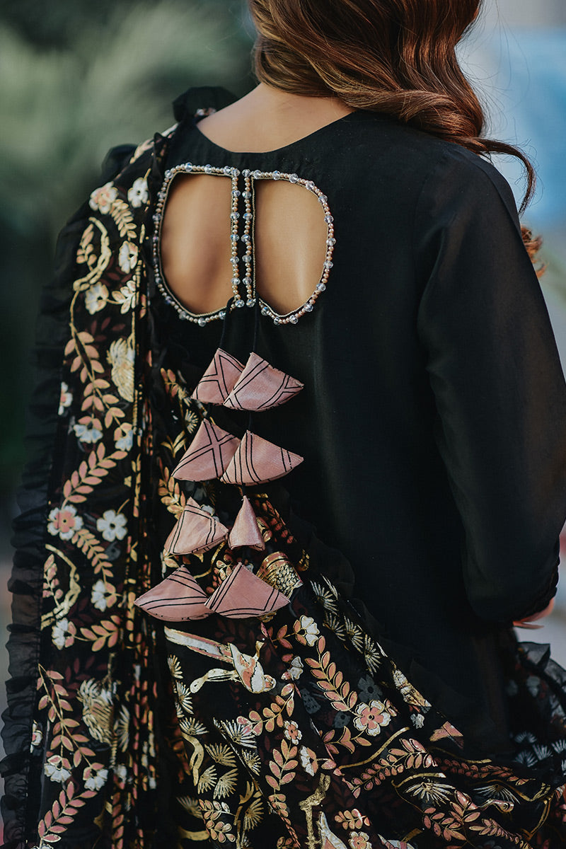 Pakistani Black Screen & Foil Printed Raw Silk Salwar Kameez (3-Piece) - Image 2