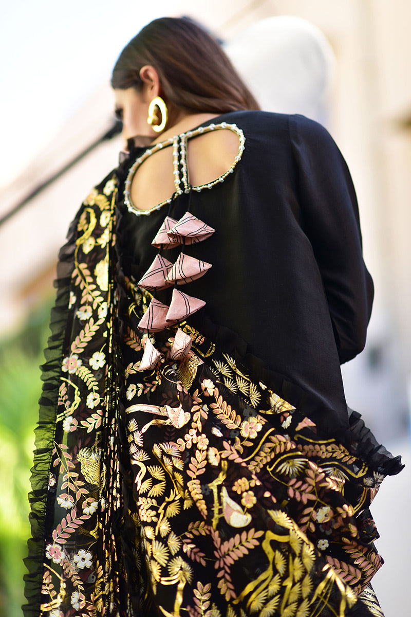 Pakistani Black Screen & Foil Printed Raw Silk Salwar Kameez (3-Piece) - Image 3