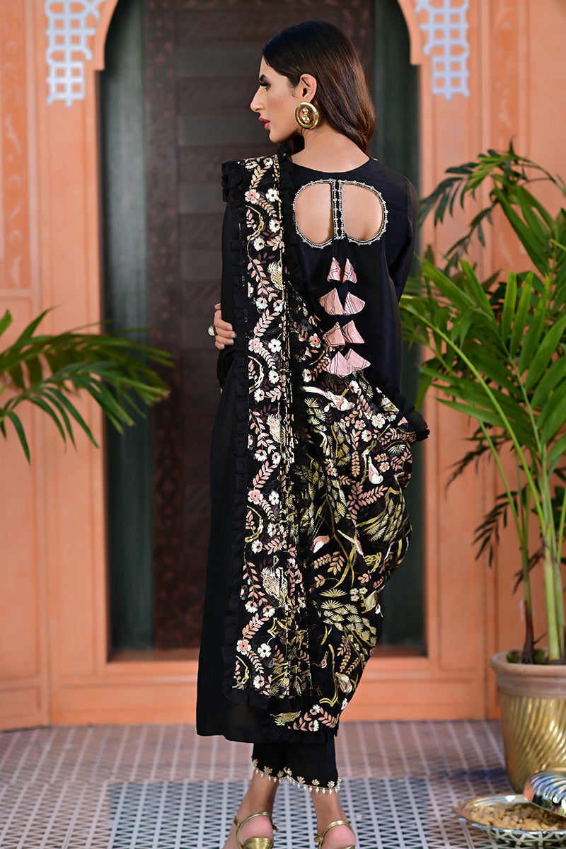 Pakistani Black Screen & Foil Printed Raw Silk Salwar Kameez (3-Piece) - Image 5