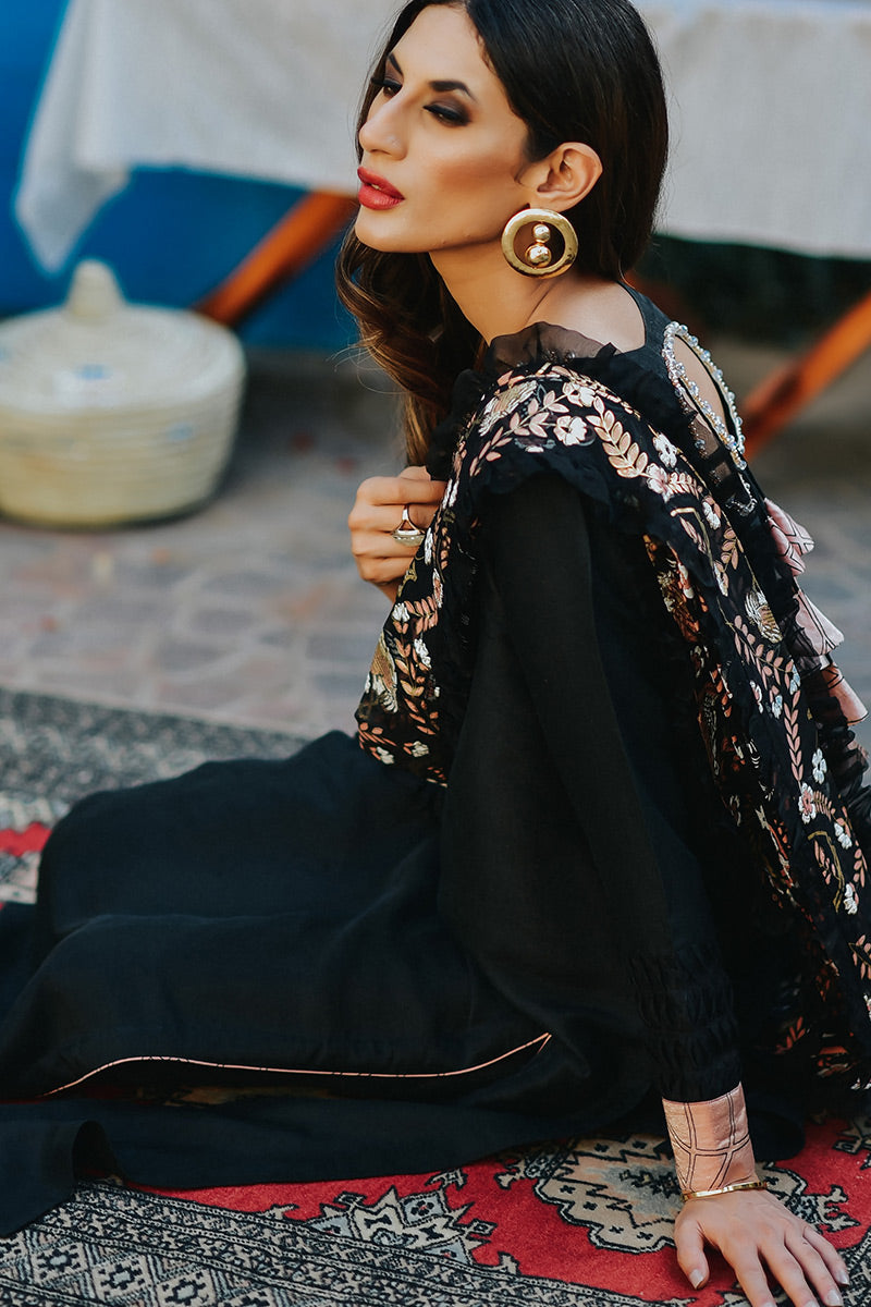 Pakistani Black Screen & Foil Printed Raw Silk Salwar Kameez (3-Piece) - Image 6