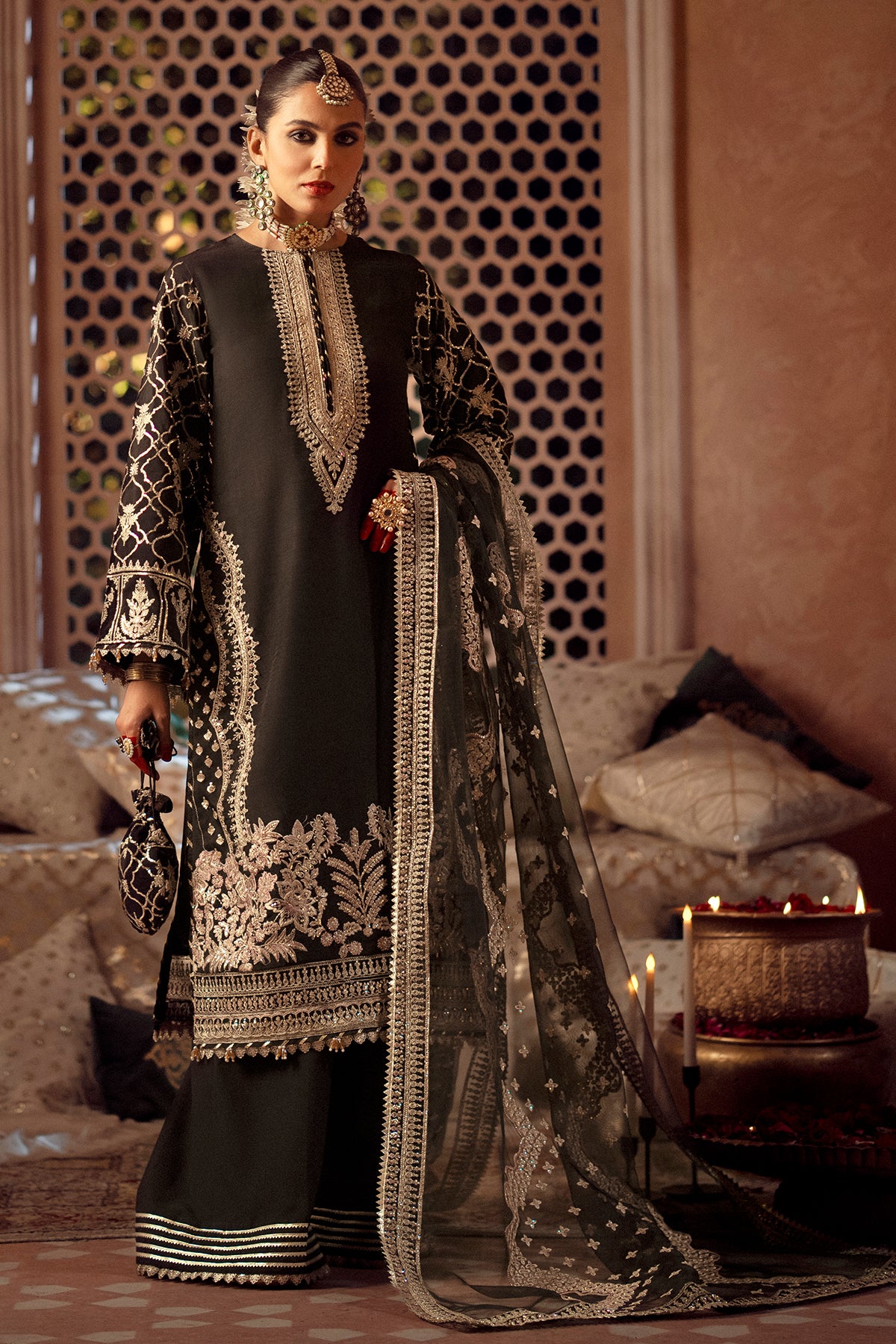 Pakistani Black Embroidered Raw Silk Salwar Kameez (3-Piece) - Image 1
