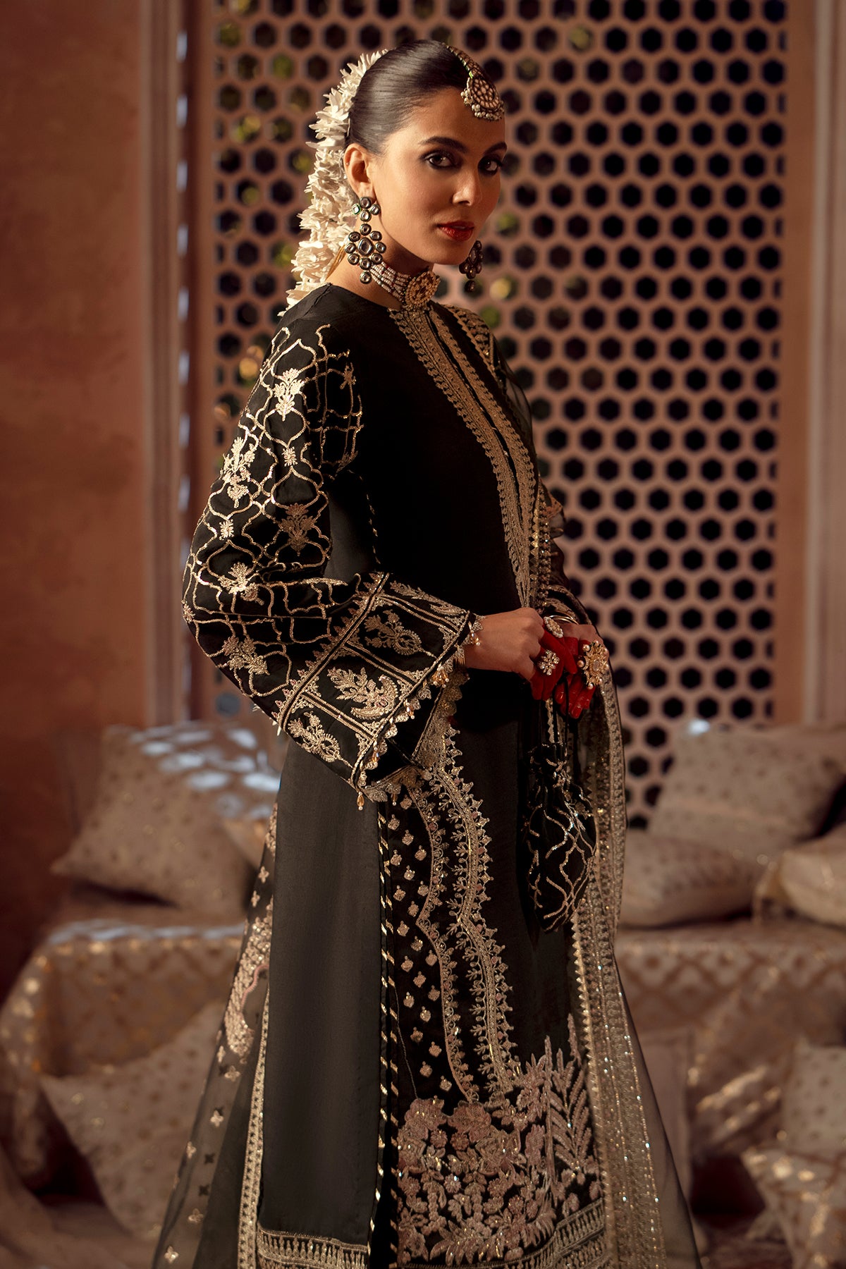 Pakistani Black Embroidered Raw Silk Salwar Kameez (3-Piece) - Image 4