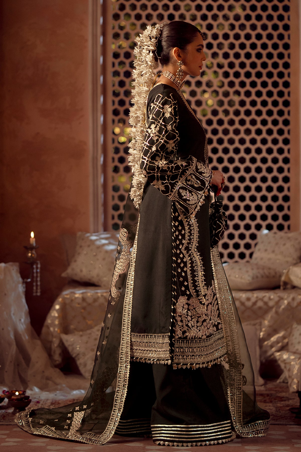 Pakistani Black Embroidered Raw Silk Salwar Kameez (3-Piece) - Image 5