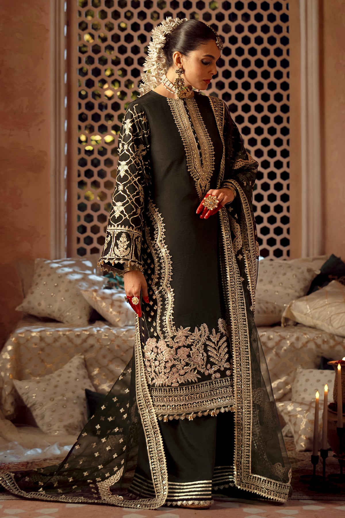 Pakistani Black Embroidered Raw Silk Salwar Kameez (3-Piece) - Image 6