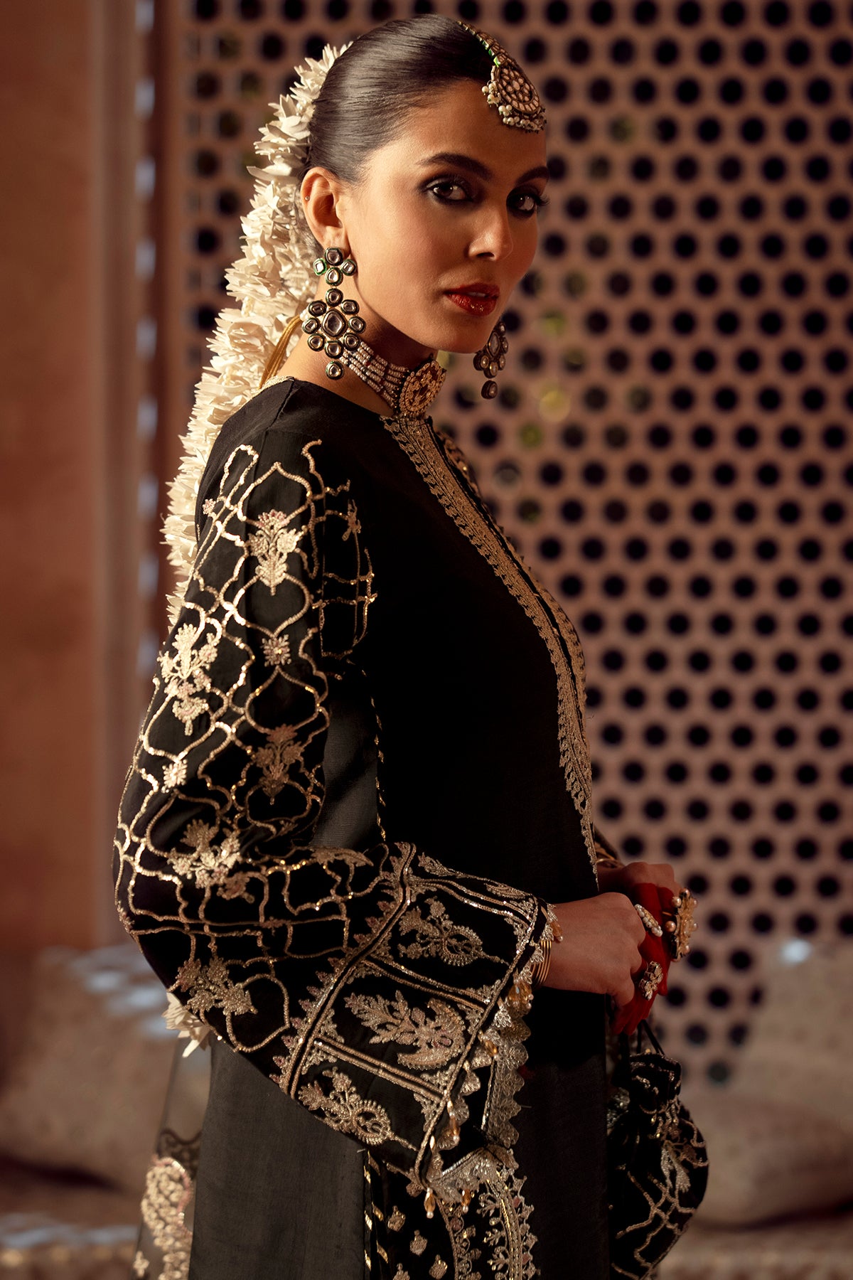 Pakistani Black Embroidered Raw Silk Salwar Kameez (3-Piece) - Image 7