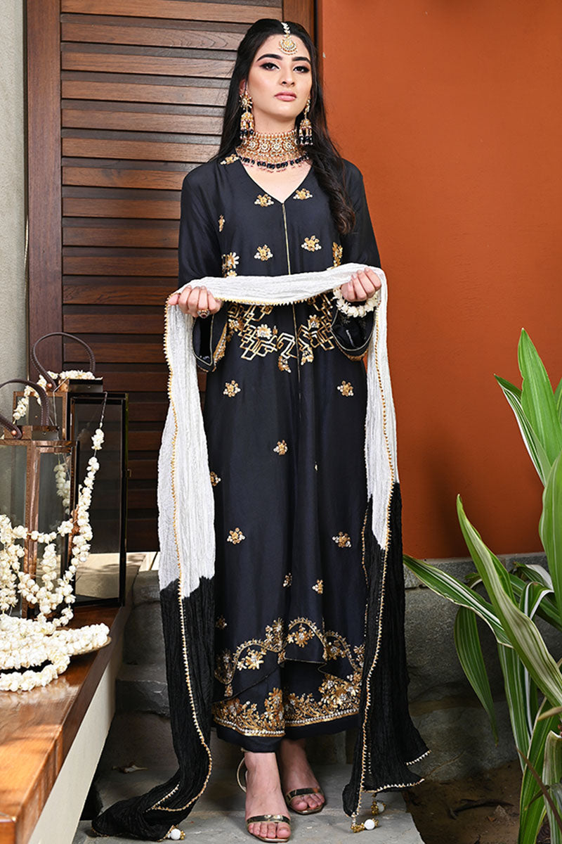 Pakistani Black Sequin & Kundan Raw Silk Salwar Kameez (3-Piece) - Image 1