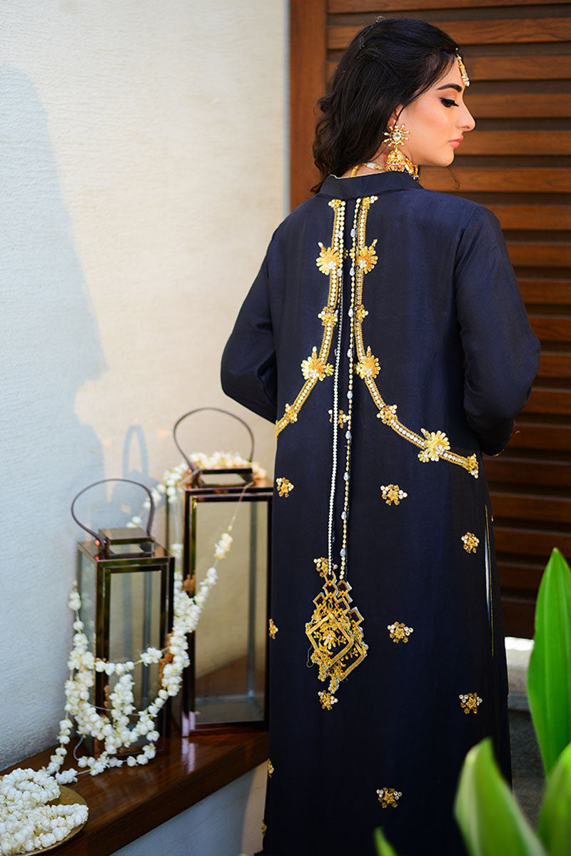 Pakistani Black Sequin & Kundan Raw Silk Salwar Kameez (3-Piece) - Image 4