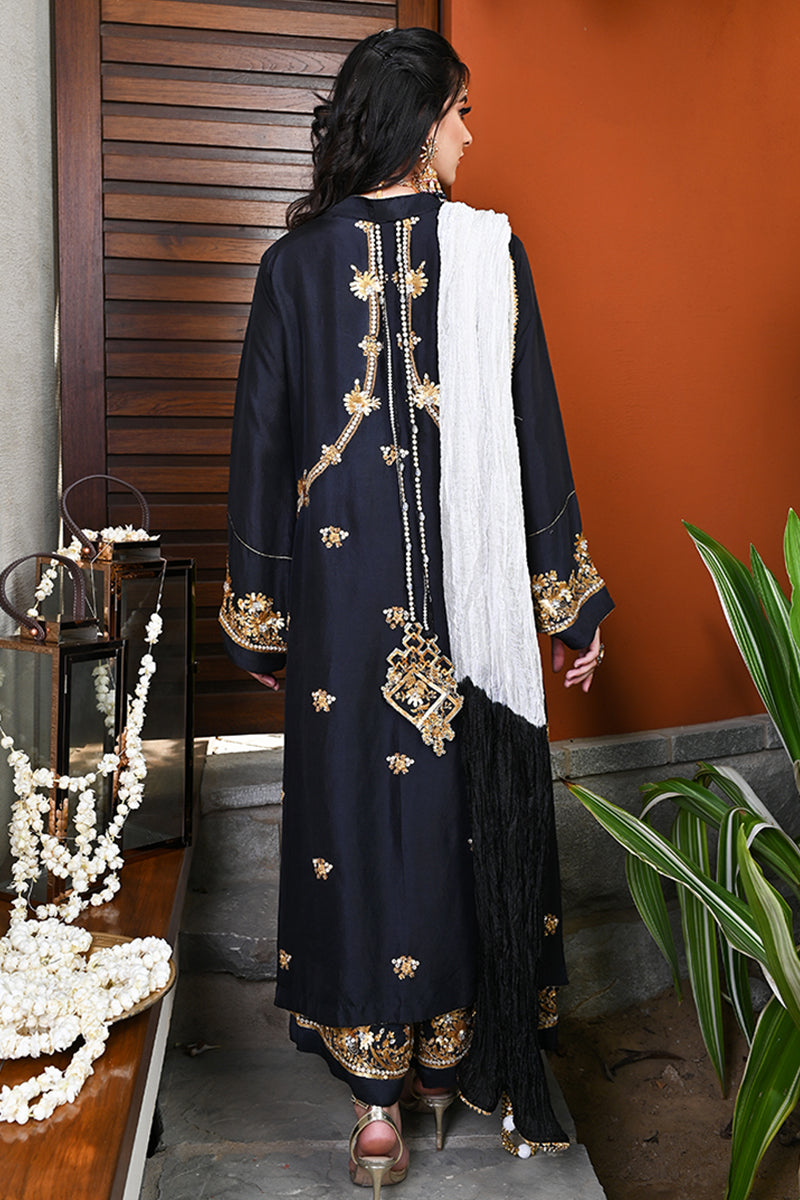 Pakistani Black Sequin & Kundan Raw Silk Salwar Kameez (3-Piece) - Image 5