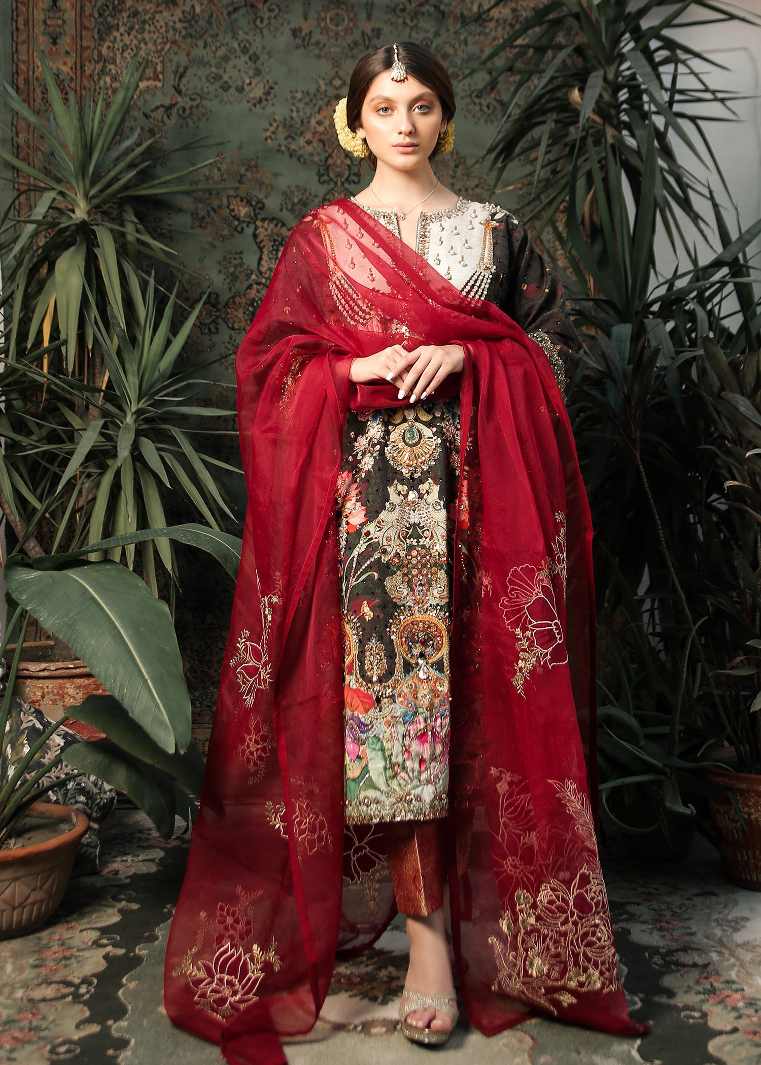 Pakistani Black Embellished Raw Silk Salwar Kameez (3-Piece) - Image 1