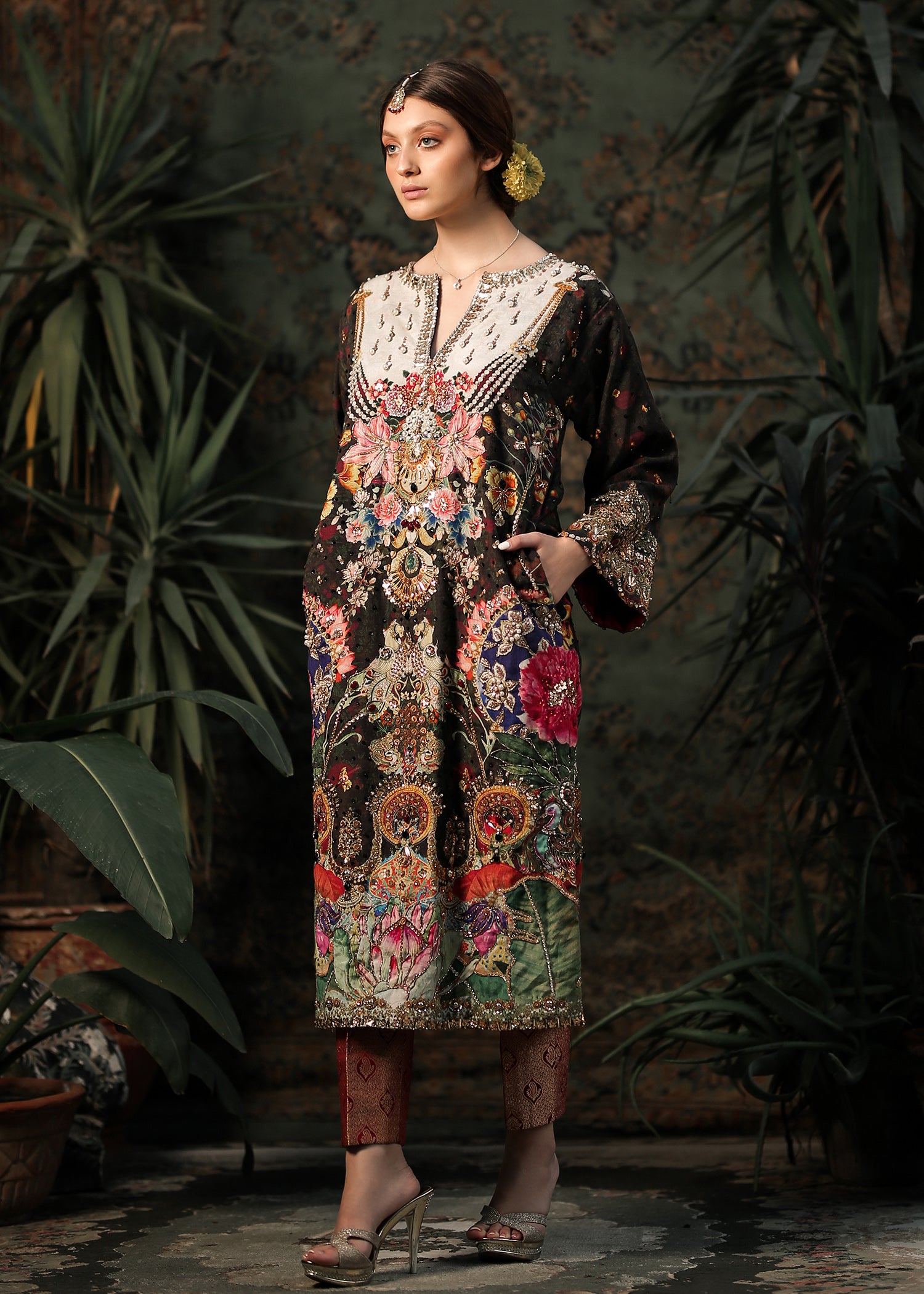 Pakistani Black Embellished Raw Silk Salwar Kameez (3-Piece) - Image 2