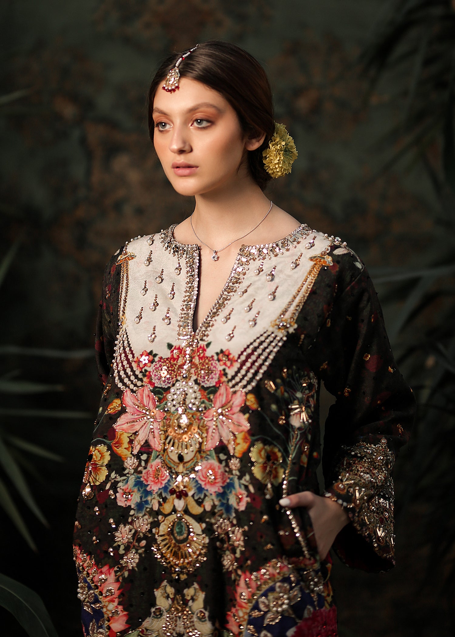 Pakistani Black Embellished Raw Silk Salwar Kameez (3-Piece) - Image 3