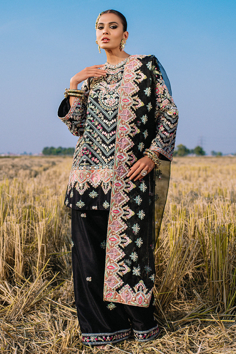 Pakistani Black Embroidered Pure Raw Silk Salwar Kameez (3-Piece) - Image 1