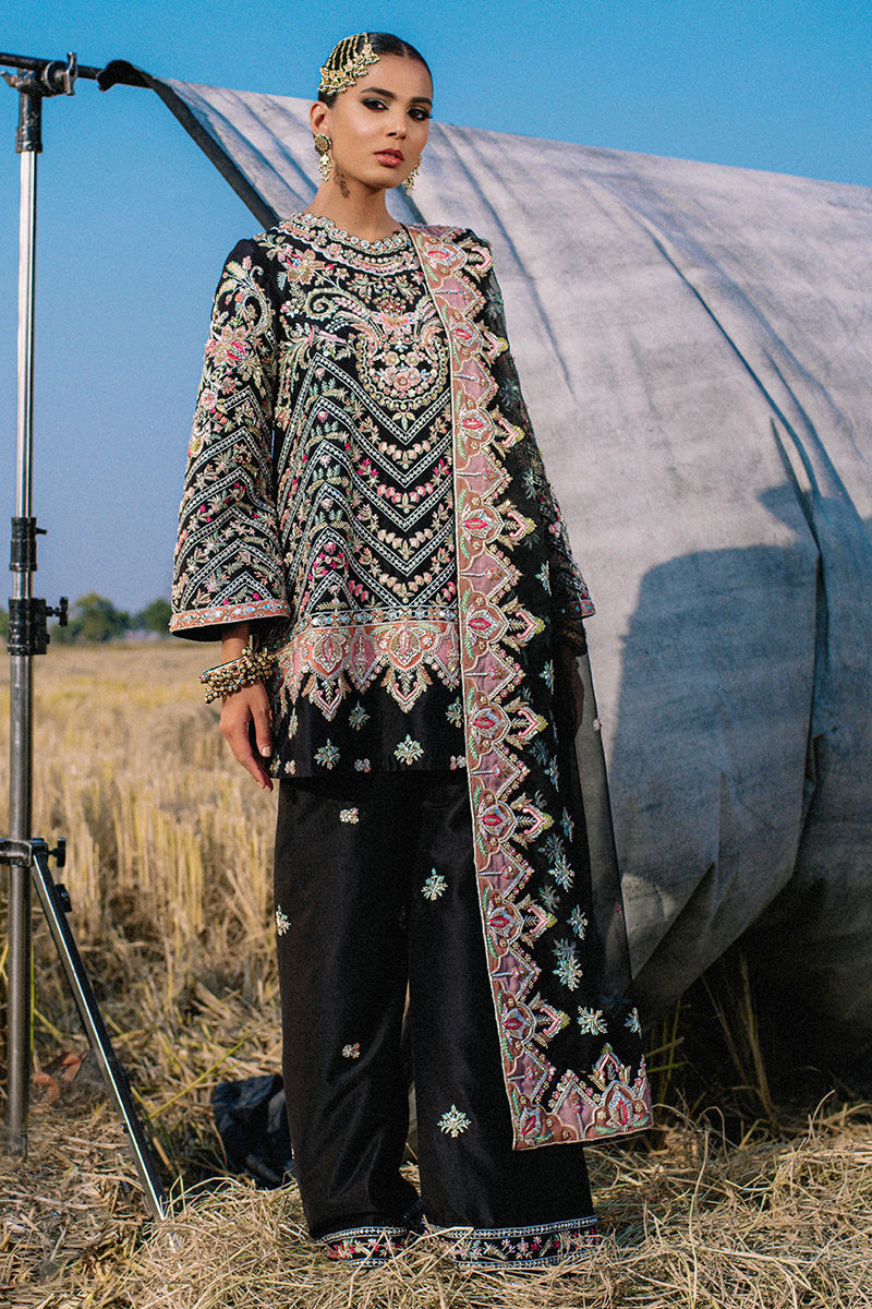Pakistani Black Embroidered Pure Raw Silk Salwar Kameez (3-Piece) - Image 2