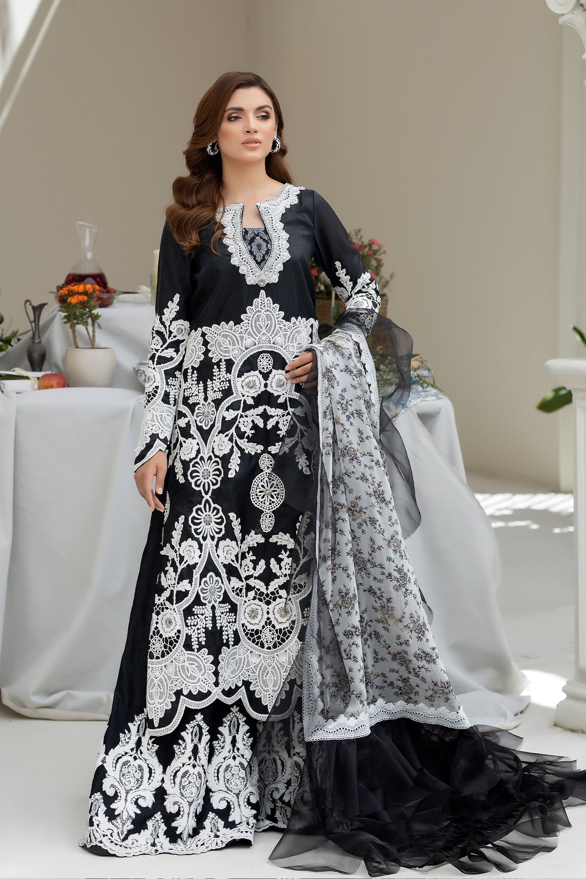 Pakistani Black Embroidered Raw Silk Long Dress (3-Piece) - Image 1