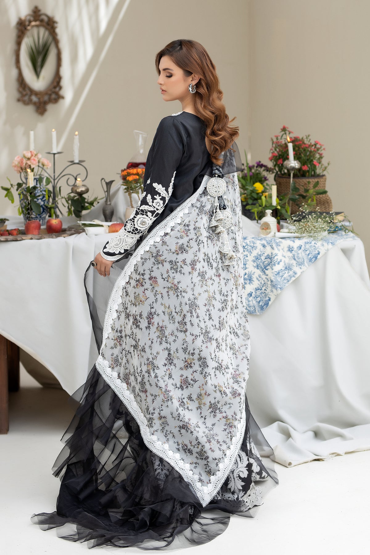 Pakistani Black Embroidered Raw Silk Long Dress (3-Piece) - Image 2