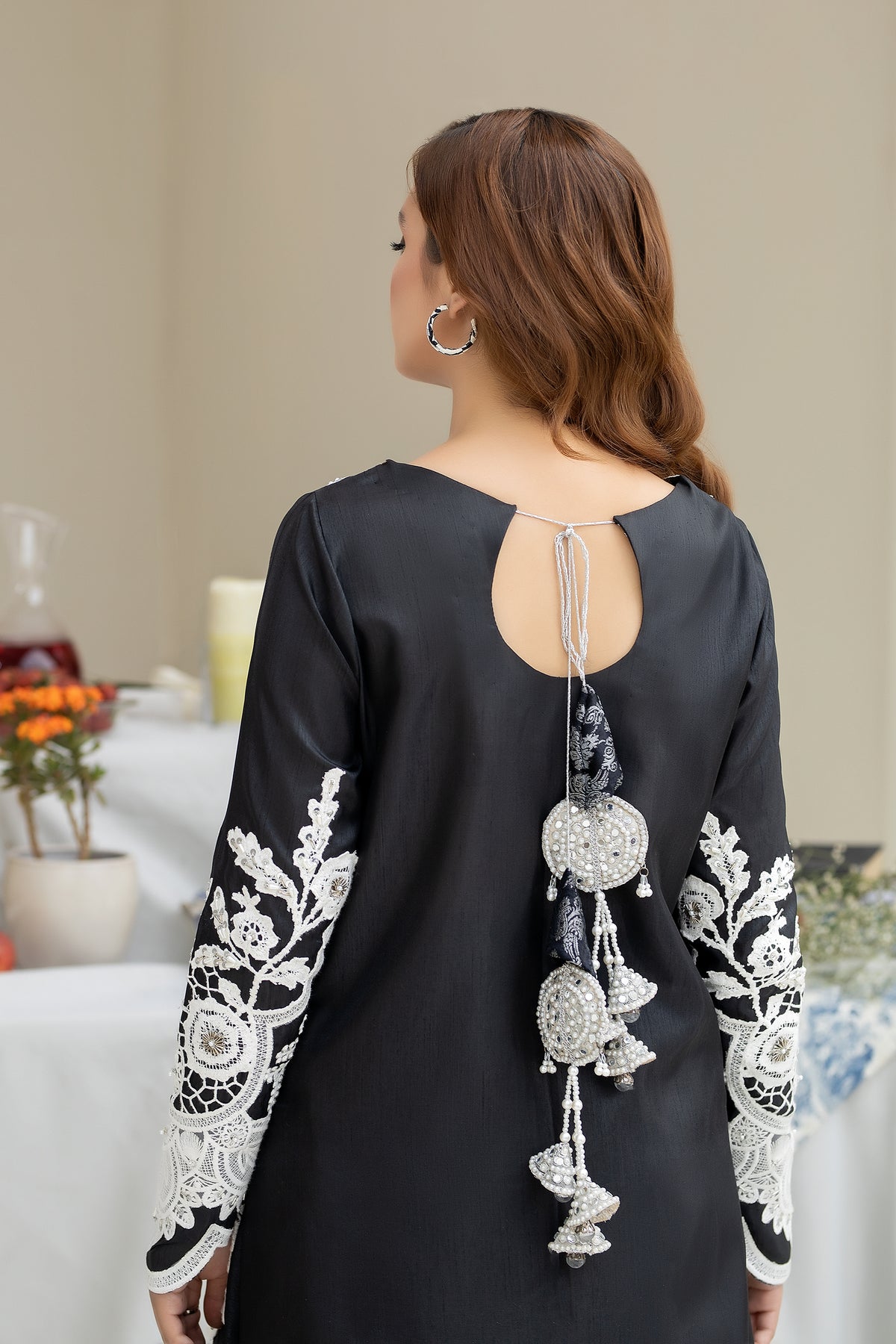 Pakistani Black Embroidered Raw Silk Long Dress (3-Piece) - Image 4